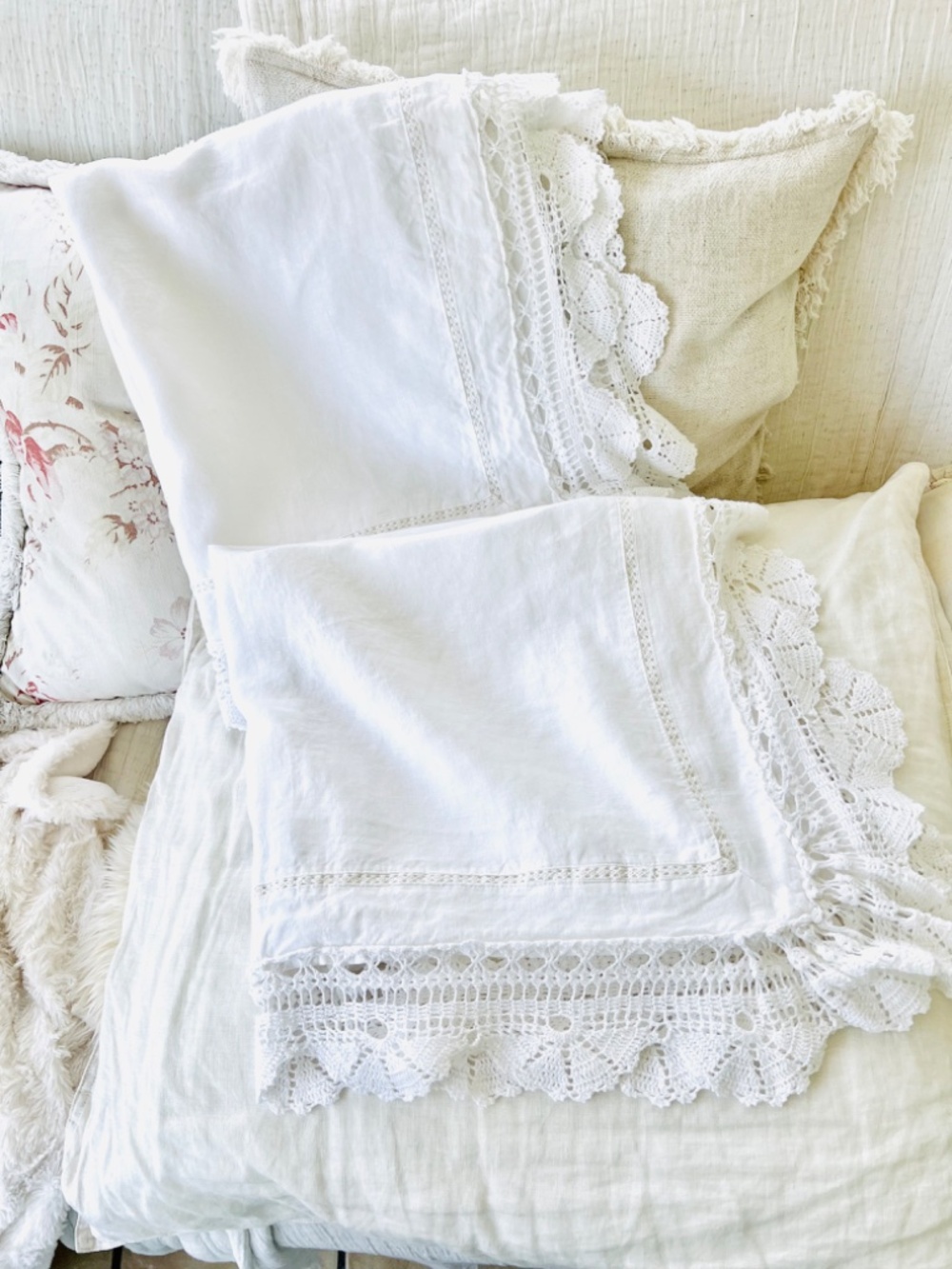 Pair of BELLA NOTTE 100% Linen Crochet Lace Euro Shams in White